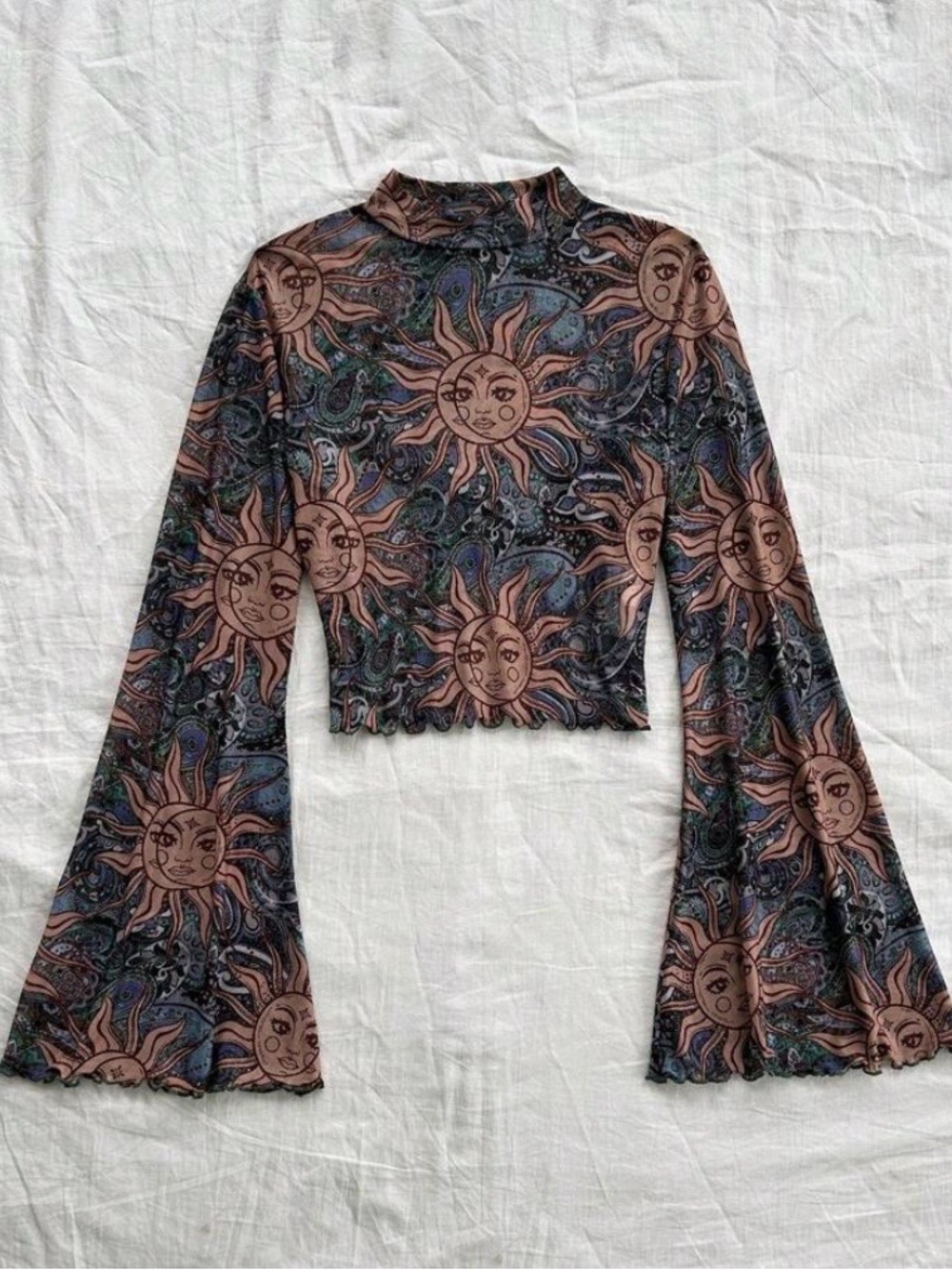 Y2K 90s Style Whimsy Goth Sun Print Mesh Top